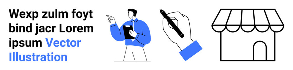 Business processes, e-commerce, design inspiration, team communication, retail strategy, and online services. A professional pointing, a hand writing and a store icon. Business processes