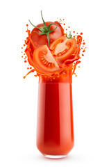 Fresh red tomato juice in glass with ripe tomato slices, flying drops, bursting splashing, dynamic...