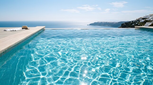 Infinity pool overlooks ocean and mountain landscape on a sunny day