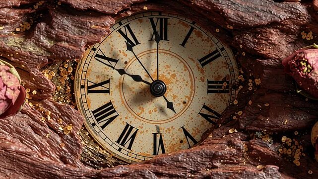 Rose-filled arched forest path with clock concept. Vintage clock surrounded by dried flowers and textured natural elements with sepia tones