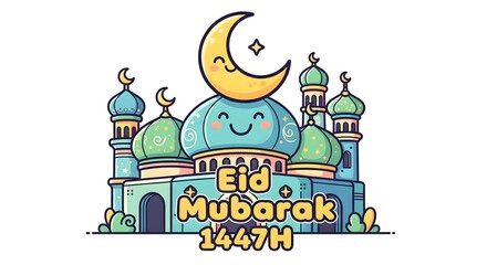 Naklejka premium Cute Cartoon Mosque with Crescent Moon and Eid Mubarak Greeting.