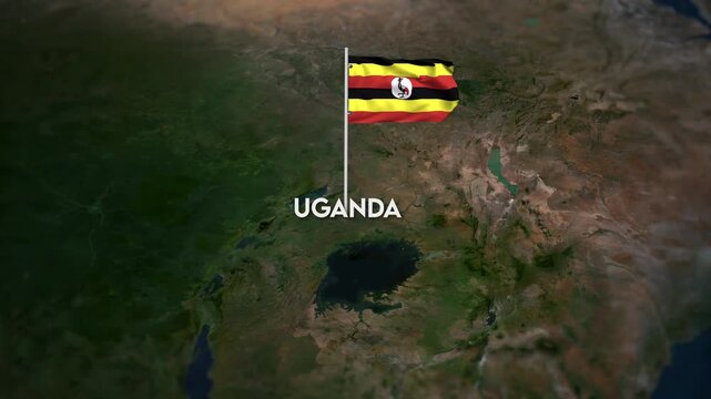 The Flag of Uganda on the World Map, the Uganda flag waving on the 3d map animation 4K