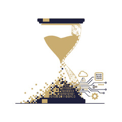 A conceptual illustration of time transforming into digital data and technology, with binary code and circuit elements.