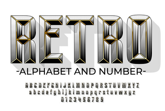 Halftone pop art style alphabet design. Chisel retro font with modern dispersed texture and golden inserts, uppercase number and symbols
