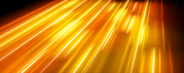 Obraz premium Multicolor neon light streaks flow forward in a seamless high-speed motion. Glowing pink, blue, and yellow tones create a radiant path. Perfect for futuristic highway visuals. vector
