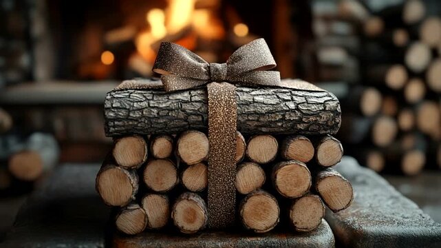Cozy fireplace scene with stacked logs wrapped as a gift