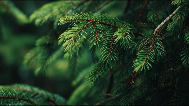 A close-up view of fir tree branches with lush green leaves in a forest environment