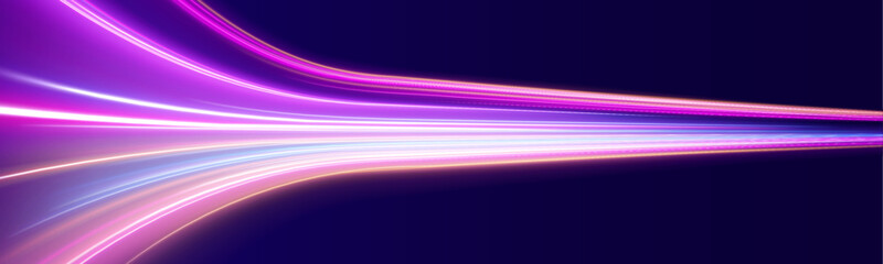 Colorful luminous trails stretch forward in parallel motion. Glowing edges create a vivid acceleration effect. Ideal for tech and gaming themes. vector © Romstock