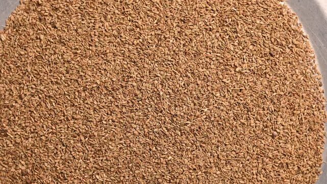 Rotating Top View of Carom Seeds (Ajwain) &ndash; Aromatic Spice Texture Footage