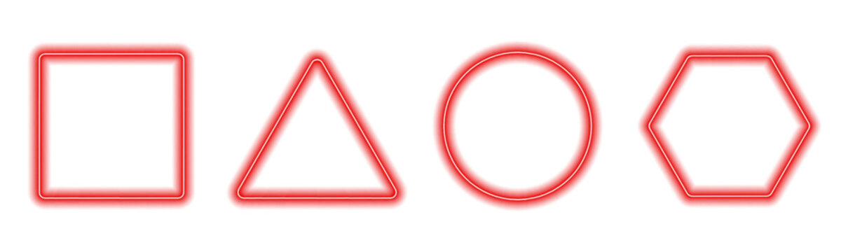 Glowing geometric set including circle, square, triangle, and hexagon frames with radiant gradient glow and soft illumination, ideal for futuristic digital banners. vector