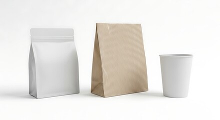 Three items - a white paper bag, a brown paper bag, and a white cup on white surface.
