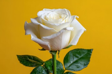 Close Up of Single White Rose with Water Droplets on Yellow Background
