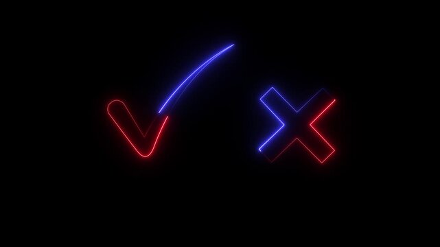 Tick or check mark signs neon icon animation. right and wrong animated neon icons, False and true. Correct and incorrect, "Minimal neon Check Mark and Cross Icon in Circle on Black Background