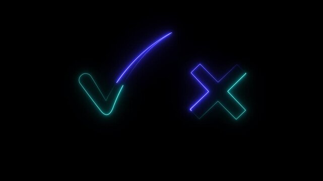 Tick or check mark signs neon icon animation. right and wrong animated neon icons, False and true. Correct and incorrect, "Minimal neon Check Mark and Cross Icon in Circle on Black Background