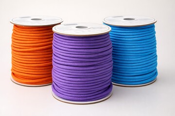 Illustration of three colorful spools of thread on white background isolated on white background