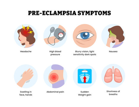 Pre Eclampsia symptoms infographic with icon. Pregnancy antenatal maternal design healthcare. Labeled headache, high blood pressure, nausea, swelling, abdominal pain, weight gain, shortness breath.