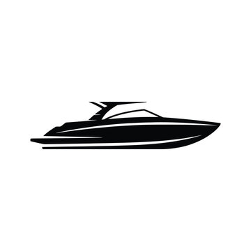 Sleek black silhouette of a modern speedboat on white background