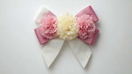 Decorative Floral Bow with Pink and Cream Flowers on White Background, Festive Celebration Aesthetic