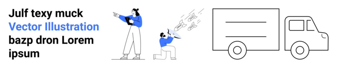 Two individuals working creatively, one directing ideas and another taking notes, next to a delivery truck. Ideal for teamwork, logistics, delivery, content creation, planning, brainstorming simple