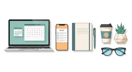 Modern workspace setup with laptop, smartphone, notebook, coffee, glasses, and plant.