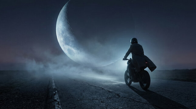 Silhouette of monowheel rider against huge moon