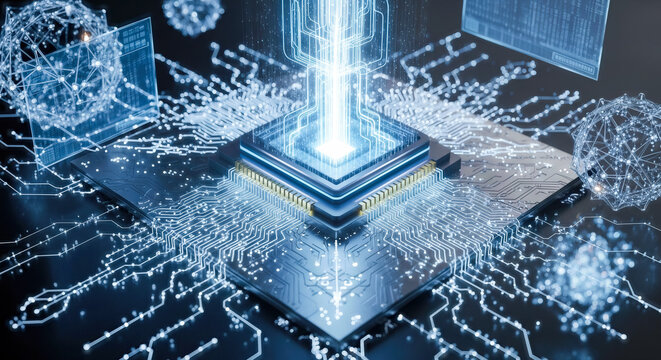 Futuristic quantum computer processor chip with glowing blue data streams and complex circuit board connections representing artificial intelligence evolution