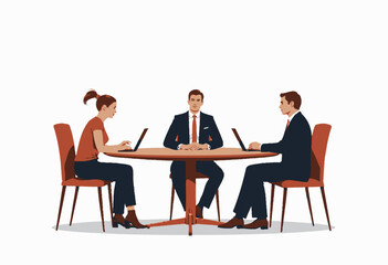 Fototapeta premium Three Professionals Engaged in Collaborative Work at a Round Table, Emphasizing Teamwork and Communication in a Modern Office Setting