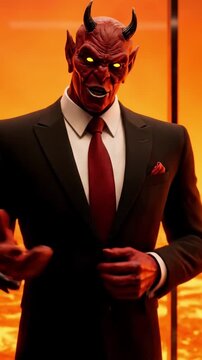 Sinister demonic executive black suit negotiates deal businessman modern office fiery apocalyptic view