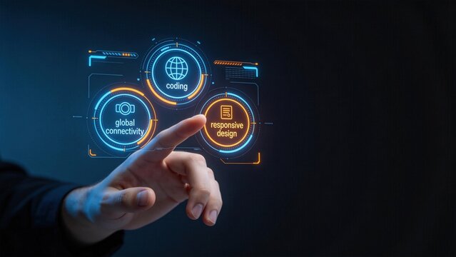 Responsive web design interface with coding and global connectivity icons,touchscreen development concept for modern digital applications and user experience