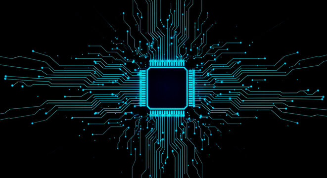 Futuristic blue glowing electronic circuit board lines converging on central square microchip processor on black background for modern technology design concept