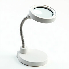 A white desk lamp with flexible arm and magnifying glass isolated on white background