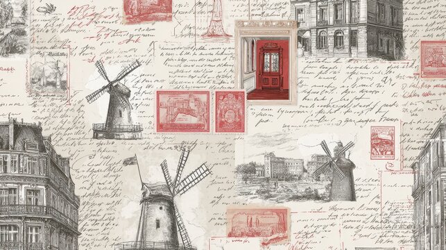 Travel aesthetic background with vintage paris elements, depicting windmills, classic buildings, stamps, and handwritten script creating a nostalgic collage texture