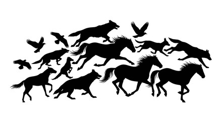 A dynamic scene of running horses wolves and birds in silhouette © MD