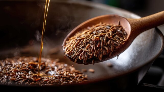 Close-Up of Spices with Oil Being Poured into a Wooden Spoon in a Cooking Pan on a Stove Top