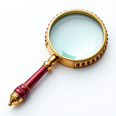 Fototapeta premium A vintage magnifying glass with a red handle and a gold rim isolated on white background