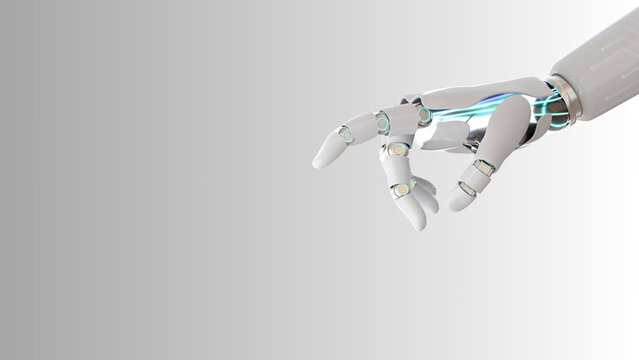 Futuristic android robot hand pointing with finger, making a gesture to draw attention on gray background with copy space