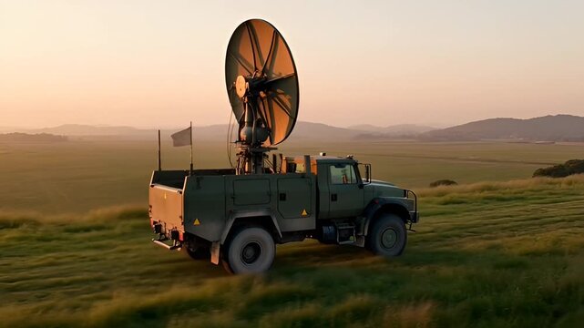 Advanced military radar vehicle with a large dish in an expansive field at sunrise, demonstrating modern defense and surveillance technology