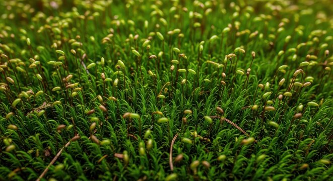 A vibrant, close-up natural texture of dense green moss growing on the forest floor, showcasing tiny plants and damp organic surface details, density, roughness, pattern