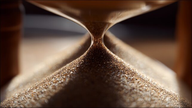 infamy. Final grain of sand falling through hourglass center, soft wooden background, dramatic lighting. wellbeing guides.
