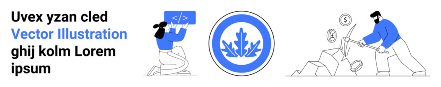 Technology, blockchain, finance, coding, mining, and growth. Woman holding a code panel, a circular logo and a man mining coins. Technology and blockchain growth concepts