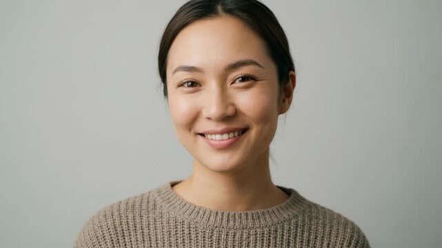 A woman in a neutral setting displays multiple facial expressions, showcasing a range of emotions.