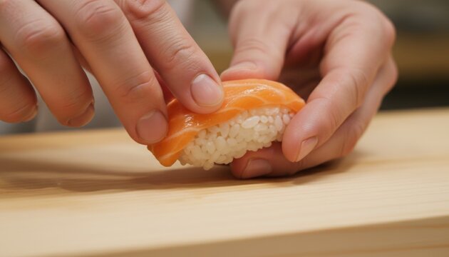 Up the hand in front of the board holding sushi at a full-fledged sushi restaurant/本格的な寿司屋で寿司を握る板前の手元アップ