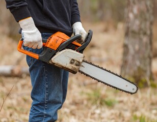 チェンソーを持つ作業者