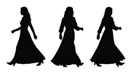 Three silhouettes of women in long dresses walking or posing