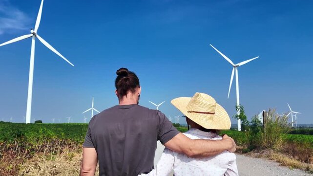 A couple walks arm in arm along a rural path through a wind farm, surrounded by green fields and towering turbines under a clear blue sky.