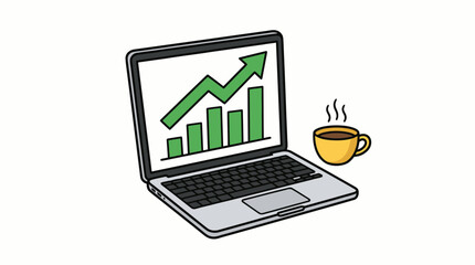 Digital business growth and productivity with a laptop displaying a positive trend analysis