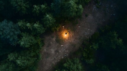 Fototapeta premium Aerial view of a solitary person with a bright light in a dark forest clearing at night