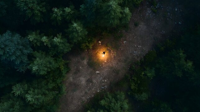 Aerial view of a solitary person with a bright light in a dark forest clearing at night