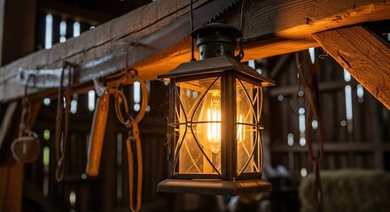 Fototapeta premium Rustic vintage lantern hanging in wooden barn with warm glowing light and industrial decor