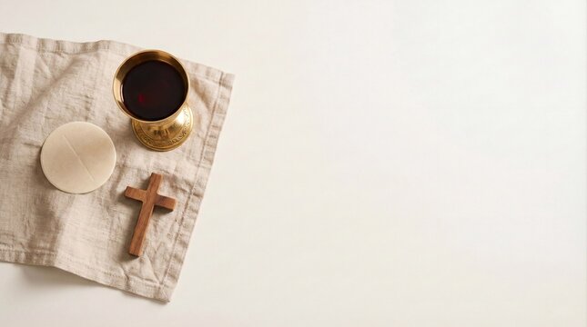 Easter Holy Communion border with wine chalice bread and cross copy space